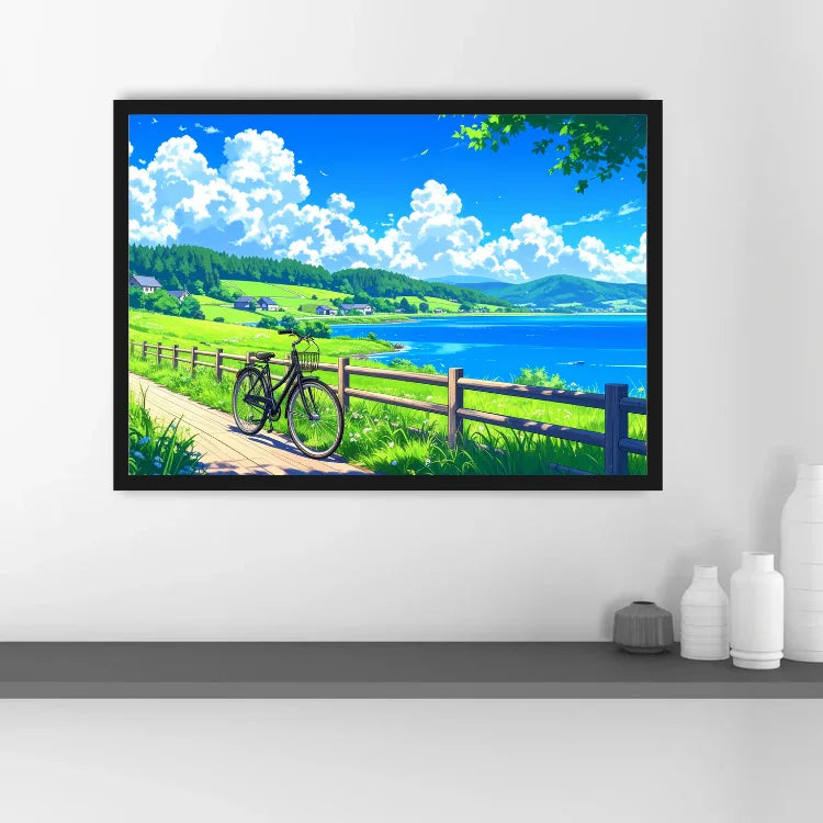 A framed art print depicting a vibrant, colorful landscape with a blue lake, green hills, a bicycle on a path, and a bright sky, displayed on a white wall above a shelf with decorative bottles.