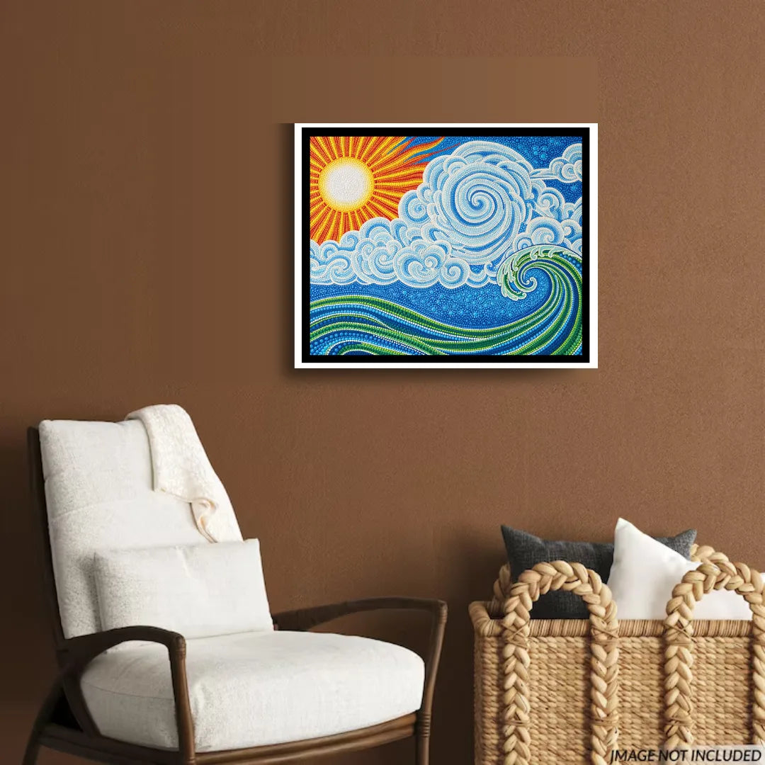 Sunrise ocean wave wall art for calm living room decor

