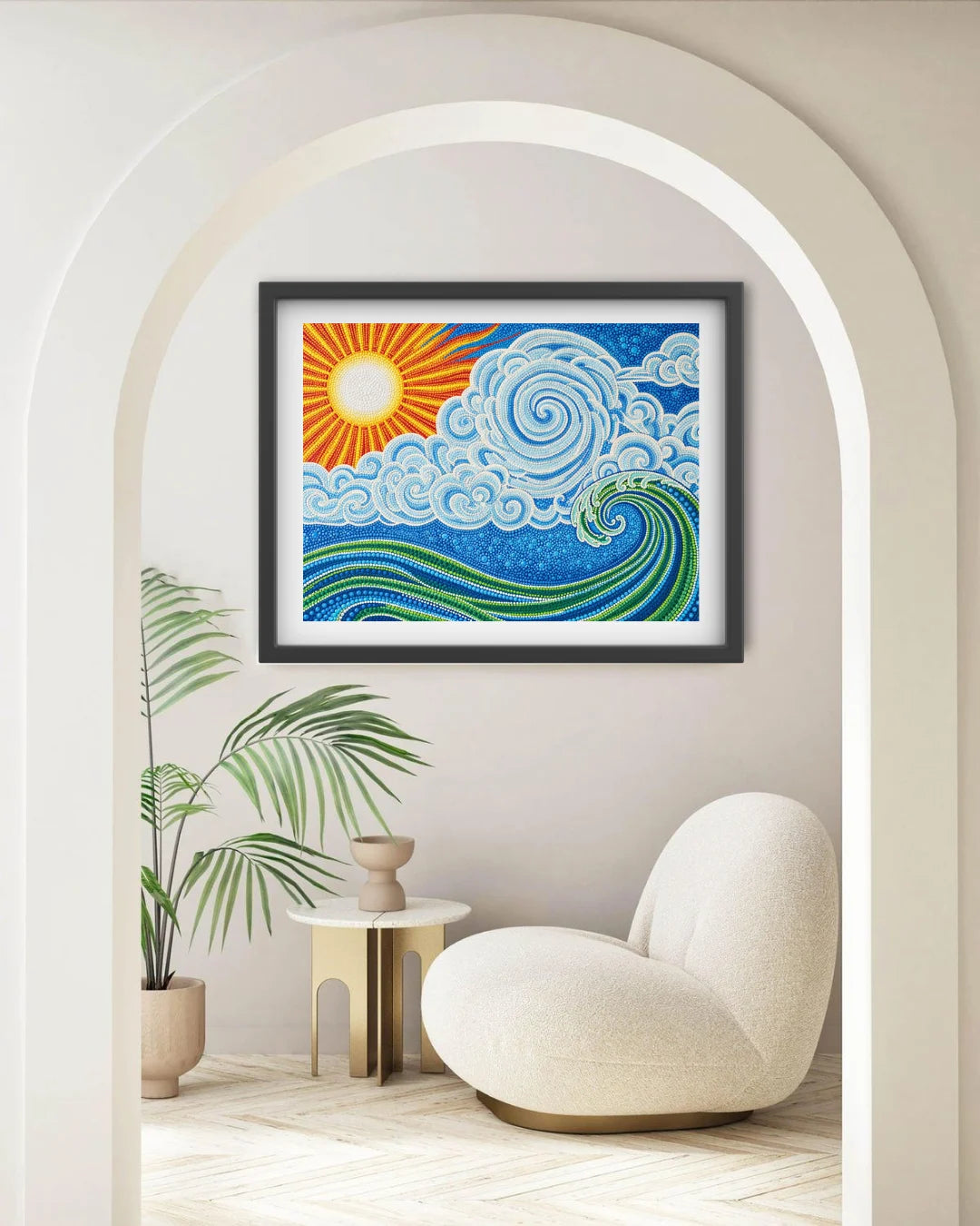 Sunrise wave wall art in minimal meditation interior
