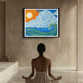 Sunrise and ocean waves meditation wall art in peaceful yoga room
