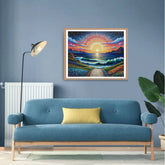 Colorful sunrise wall art painting above sofa interior decor
