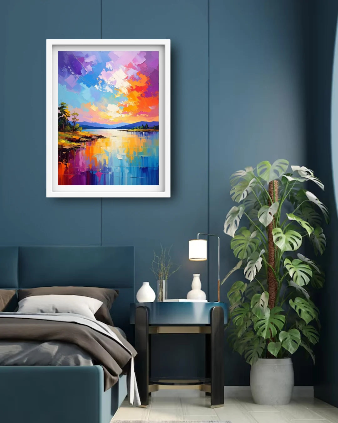 abstract sunset reflection painting displayed in cozy living room