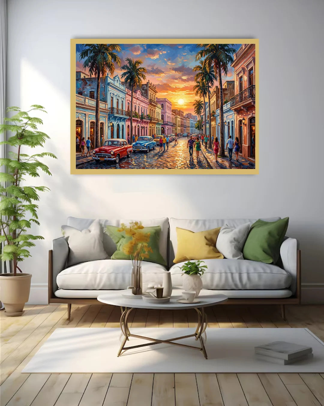 sunset city wall art canvas in modern living room decor