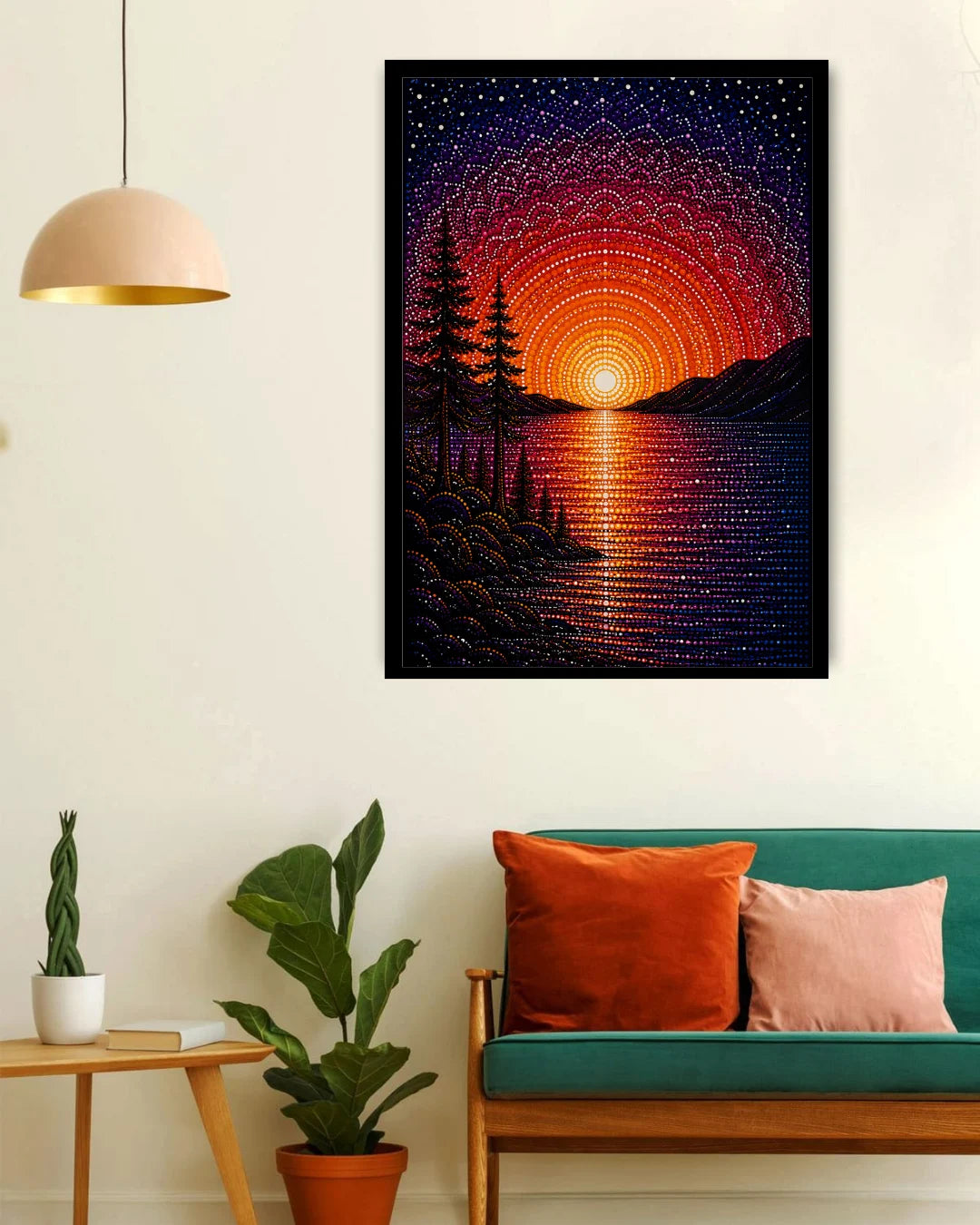 sunset lake wall art canvas in modern living room decor