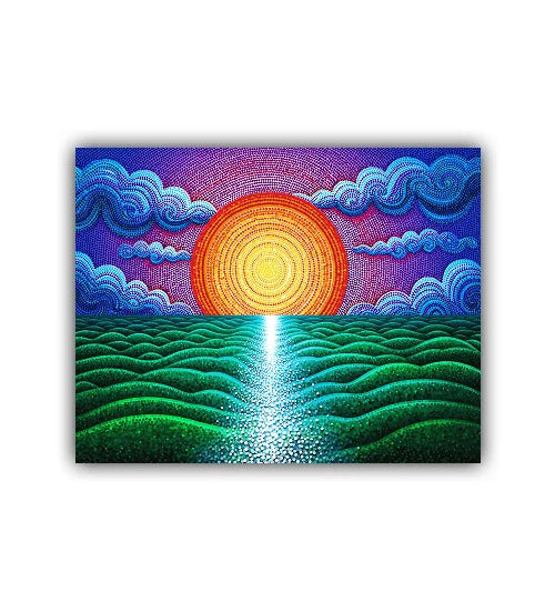 Abstract sunset ocean wall art painting with vibrant sun and waves
