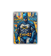 Stylized illustration of Batman with Gotham and Wayne text on a colorful background