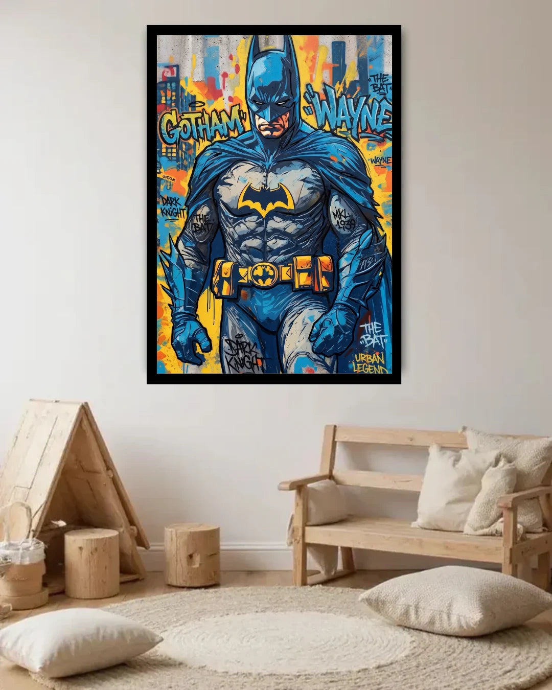 Framed superhero poster on a wall in a room with wooden furniture and decor.