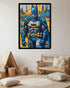 Framed superhero poster on a wall in a room with wooden furniture and decor.