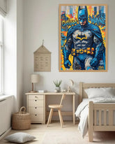 Bedroom with a superhero poster on the wall