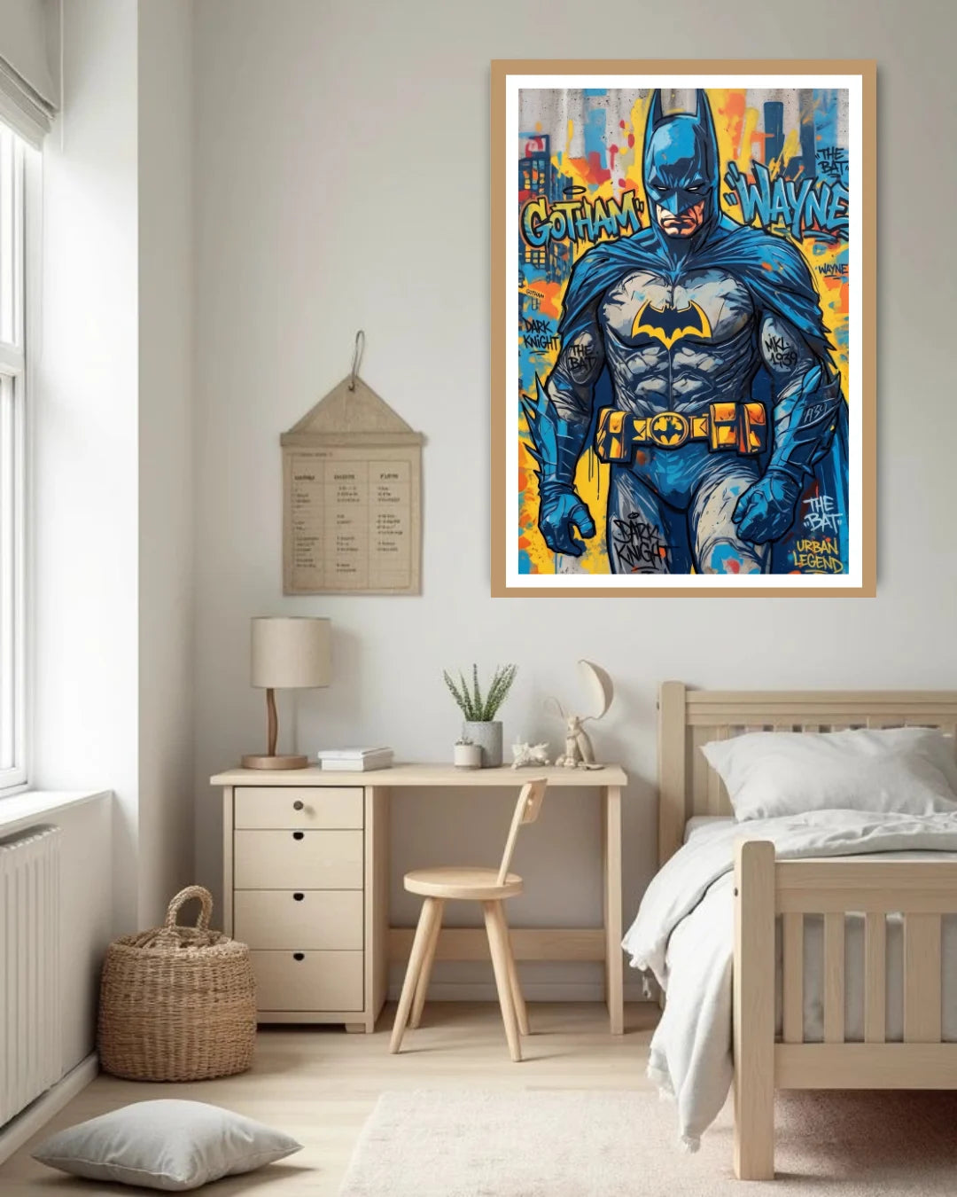 Framed superhero poster on a wall in a bedroom