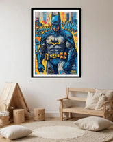 Framed superhero poster on a wall in a child&
