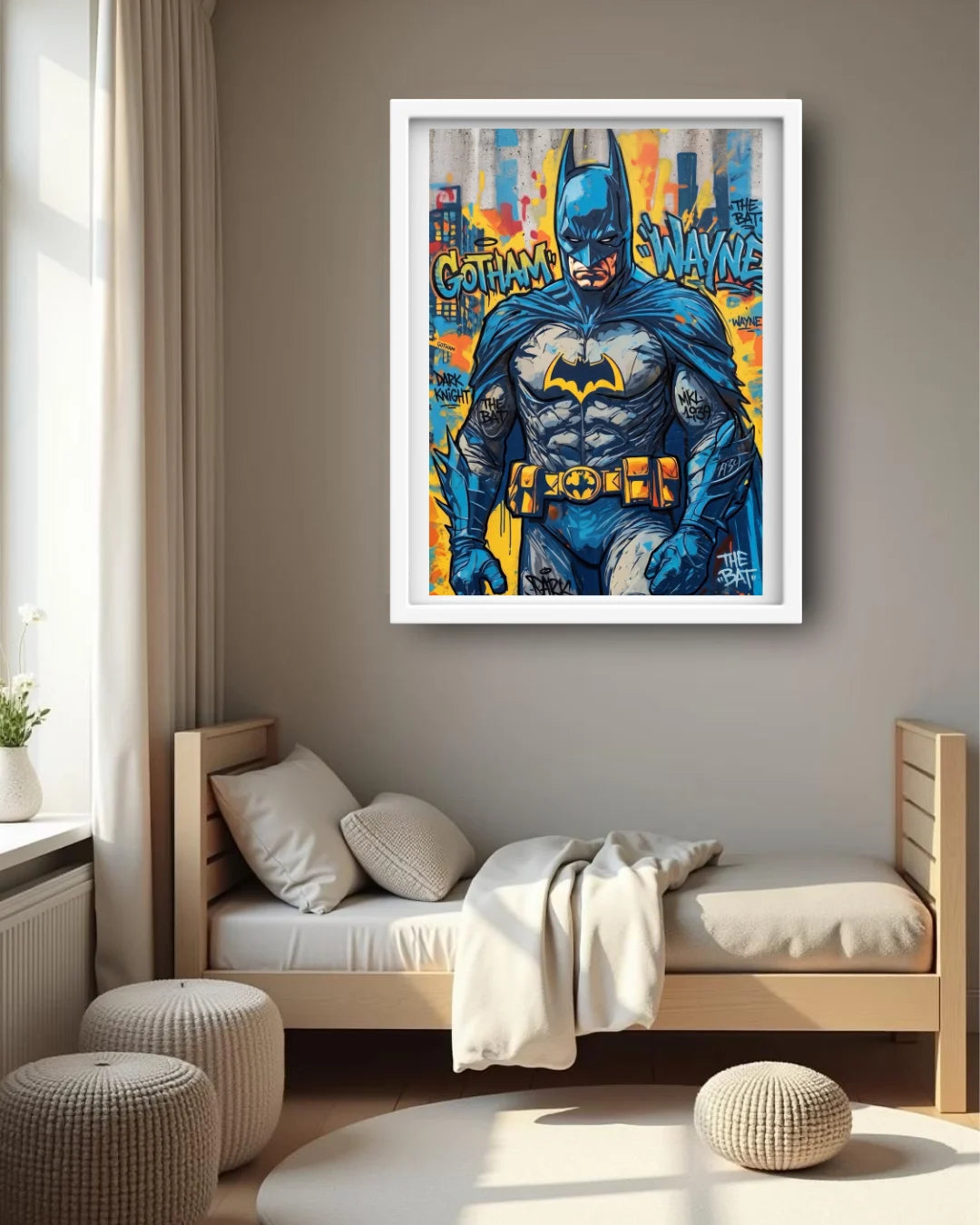 Framed superhero artwork on a wall above a bed in a room with natural light.