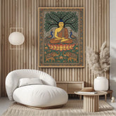 Decorative tapestry of Buddha in a living room with a white armchair and wooden floor.