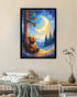 A framed art print depicting a cozy night scene with a teddy bear under a glowing crescent moon, displayed on a beige wall above a bed in a styled bedroom setting.