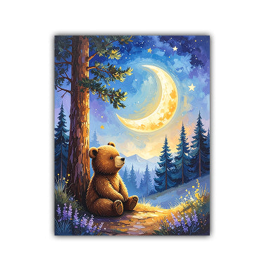 A vertical canvas art print depicting a cozy night scene with a brown bear sitting by a tree under a glowing crescent moon and stars.