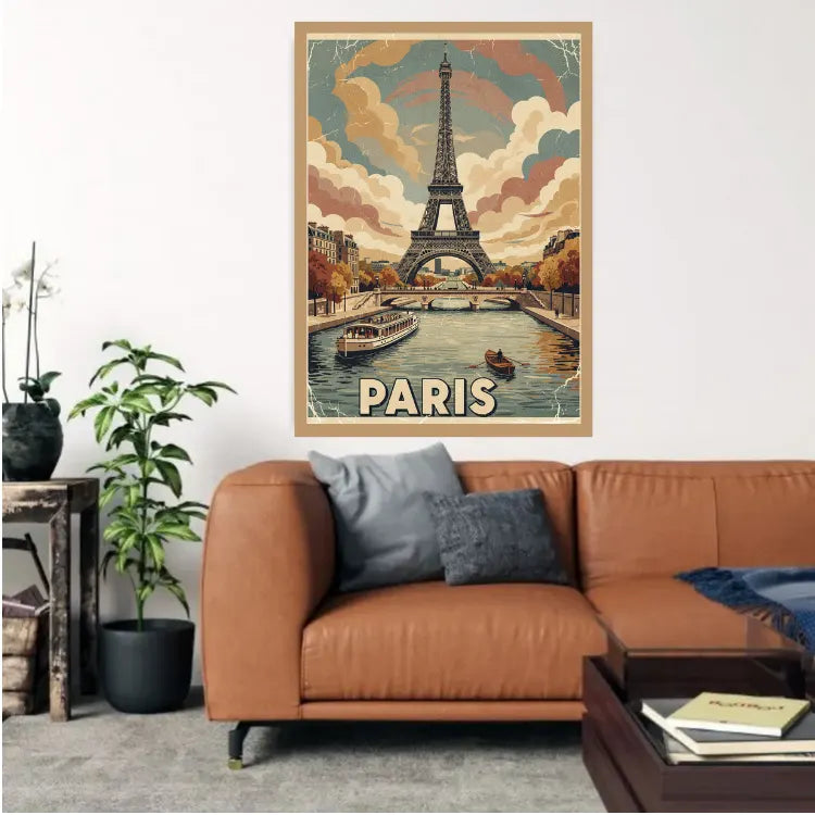 A vintage-style Paris travel poster featuring the Eiffel Tower, boats on the Seine, and the word PARIS at the bottom, displayed above a brown leather sofa in a living room setting.