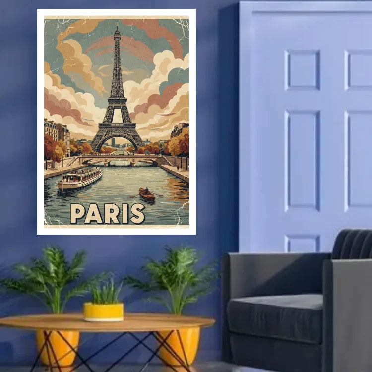 A vintage-style Paris travel poster featuring the Eiffel Tower, boats on the Seine, and the word &