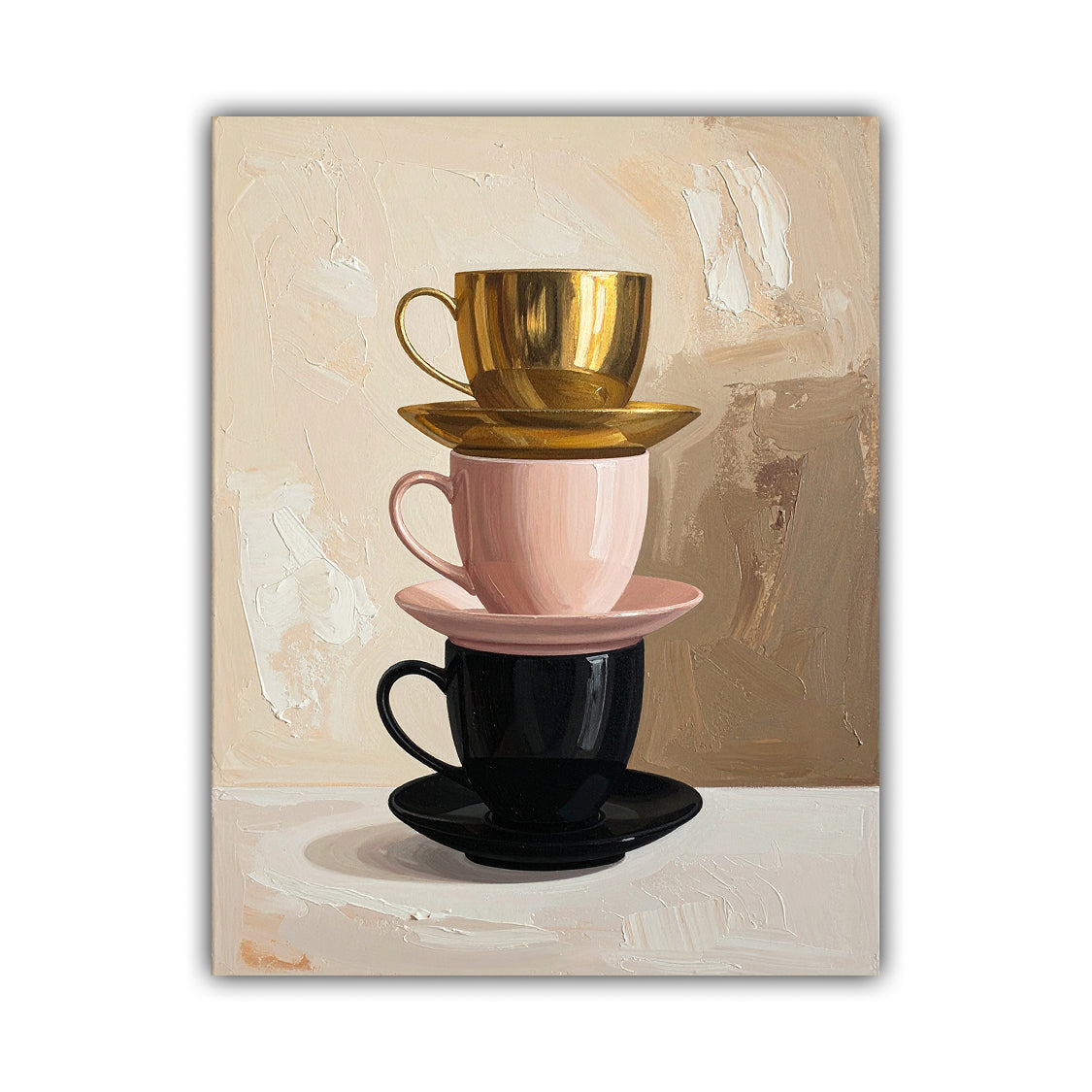 A vertical canvas painting depicting a stack of three stacked teacups on saucers, with a gold cup on top, a light pink cup in the middle, and a black cup at the bottom, set against a textured beige and brown background.