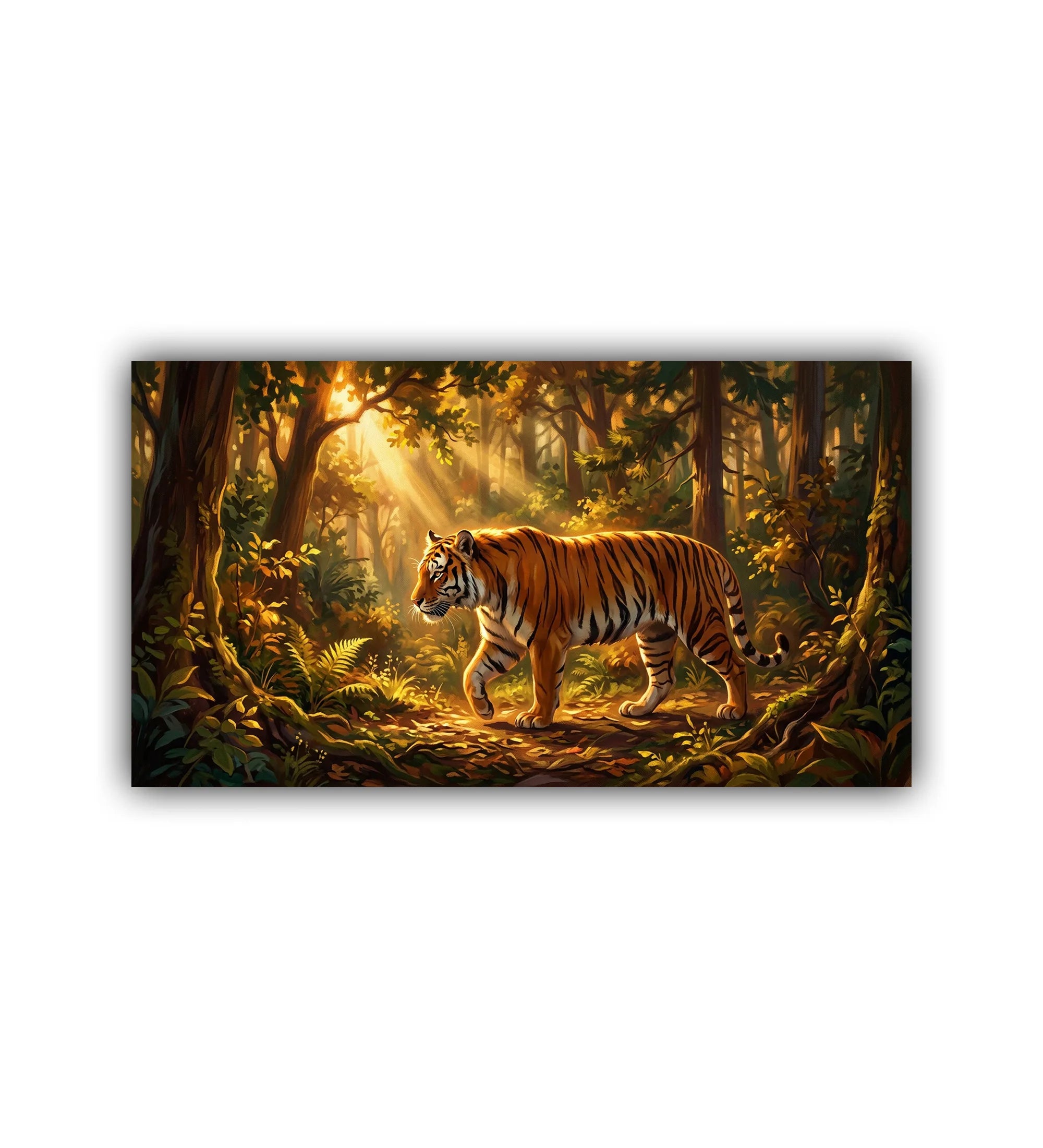 close-up of tiger canvas painting in jungle with golden lighting