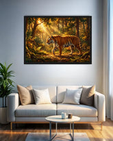 Tiger Wildlife Canvas Wall Art in Black Frame Mounted Above White Sofa in Contemporary Living Room