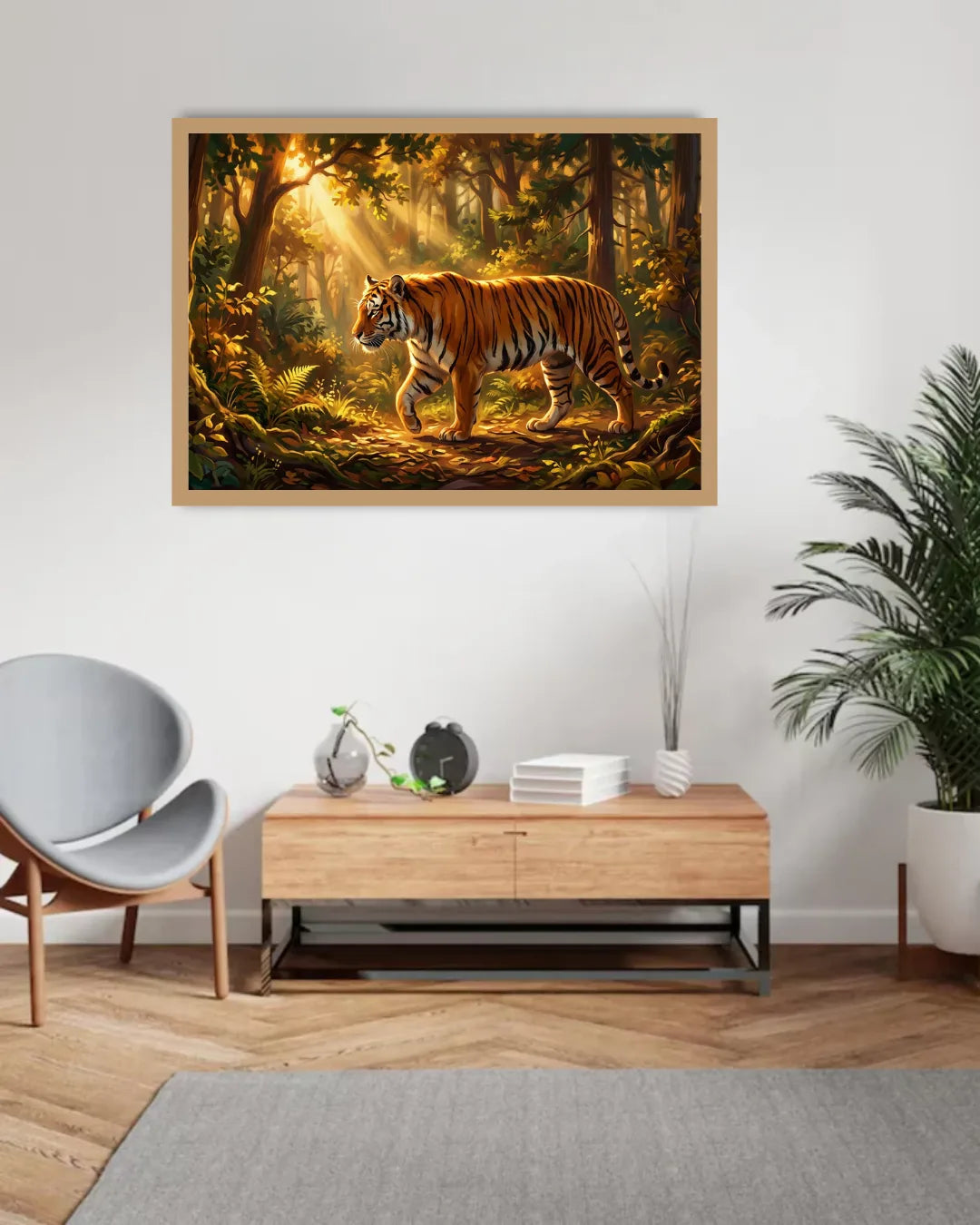 Tiger Walking in Sunlit Forest Canvas Print in Natural Wood Frame Displayed Above Wooden Console Table