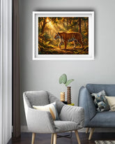 Wild Tiger Forest Canvas Painting in White Frame Displayed on Grey Living Room Wall with Armchair