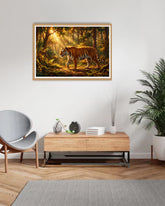 tiger wall art displayed above sofa in modern living room