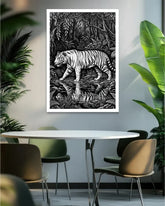 Framed black and white tiger artwork on a wall above a dining table with chairs.