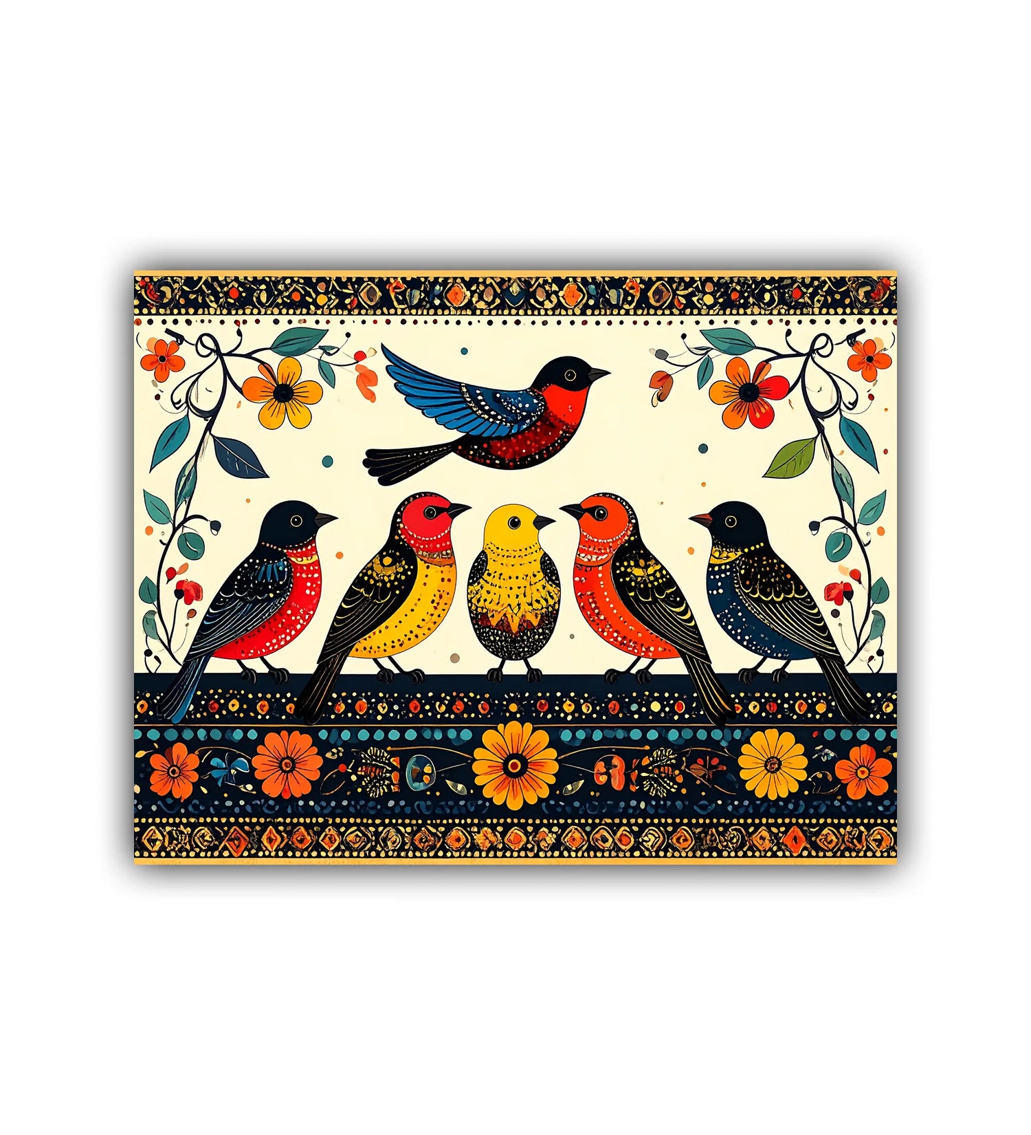 close-up of colorful indian folk bird canvas painting with detailed patterns