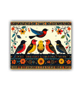 close-up of colorful indian folk bird canvas painting with detailed patterns