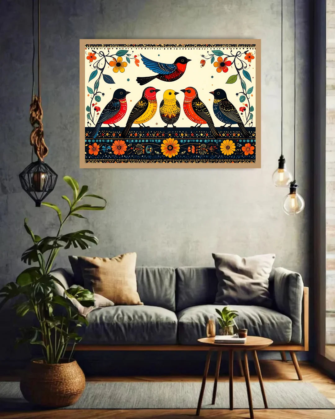 Colorful Folk Art Birds Canvas Wall Art in Black Frame Displayed Above Dining Table in Modern Dining Room