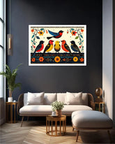 Decorative Folk Art Birds Canvas Wall Art in White Frame Displayed Above White Sofa in Modern Living Room