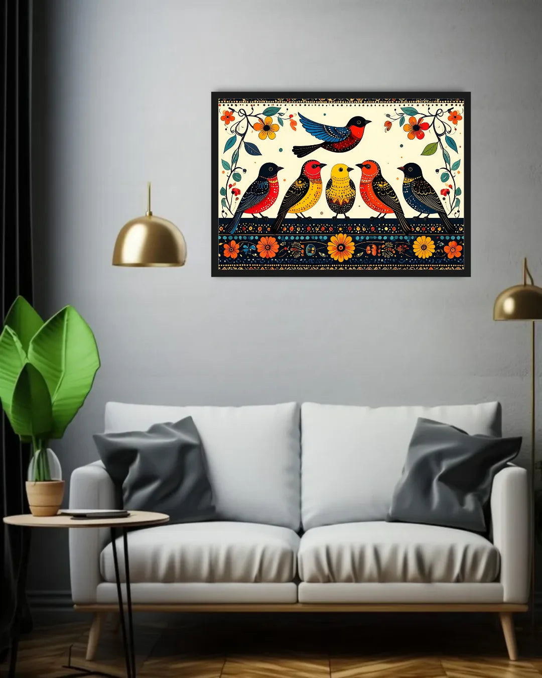 Vibrant Birds and Floral Folk Art Canvas Painting in Black Frame Displayed Above White Sofa in Minimal Living Room