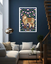 traditional cow and calf painting displayed in cozy living room interior