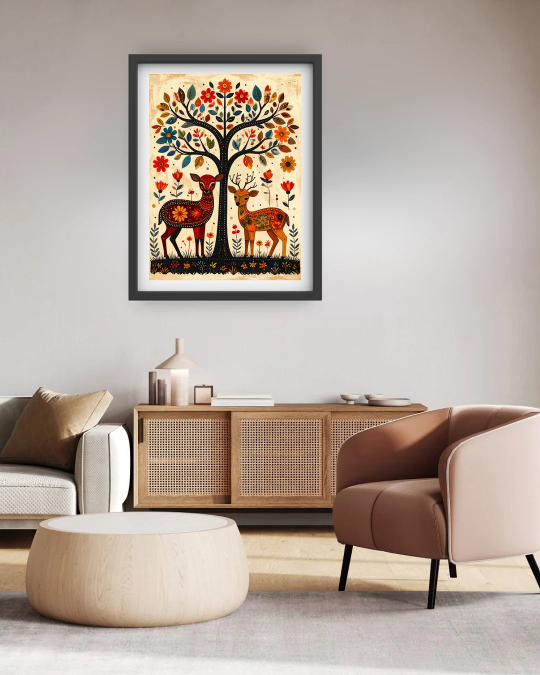 traditional deer and tree painting on wall in minimal living space