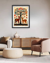 traditional deer and tree painting on wall in minimal living space