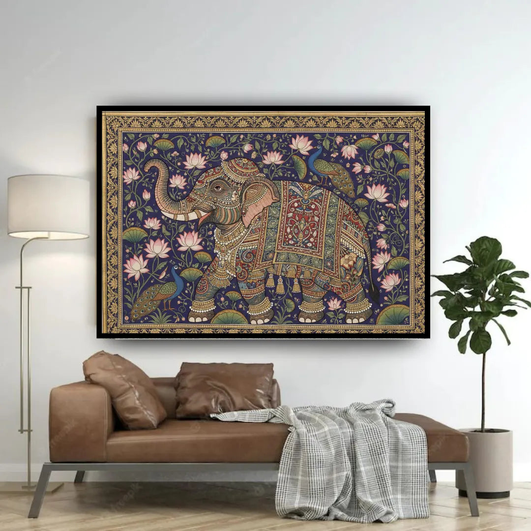 Traditional Indian elephant canvas painting for living room wall decor