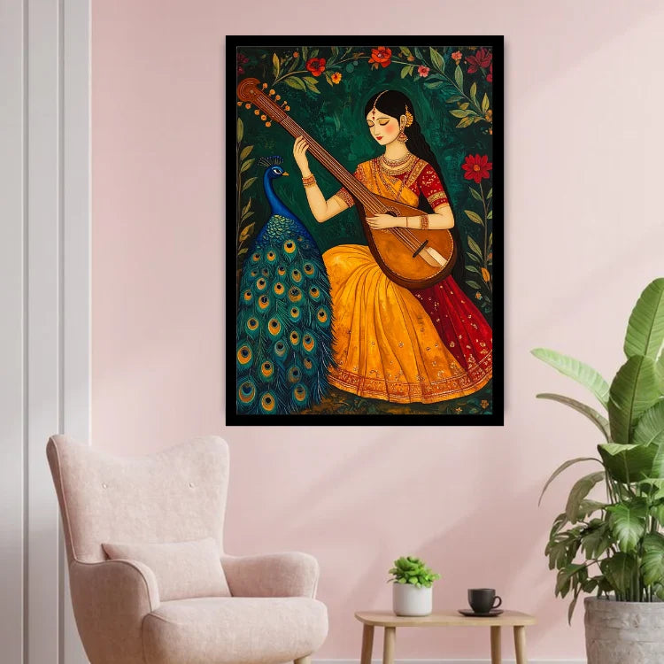 Traditional Indian veena player canvas wall art featuring a graceful woman in a yellow saree displayed in a modern living room.