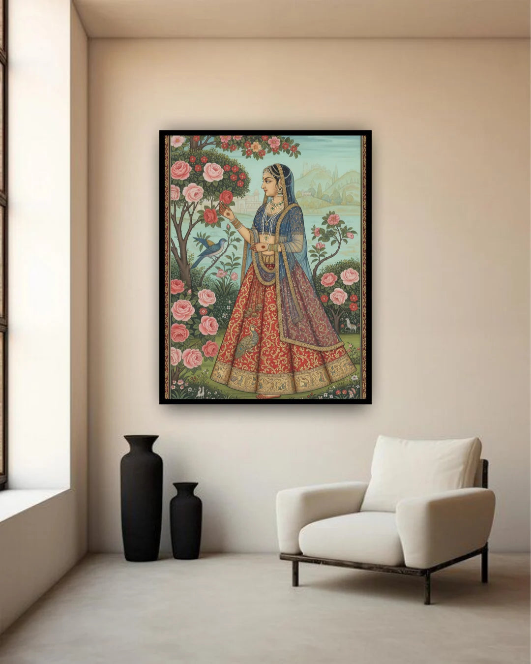 Traditional Indian woman canvas painting for wall decor, ethnic wall art