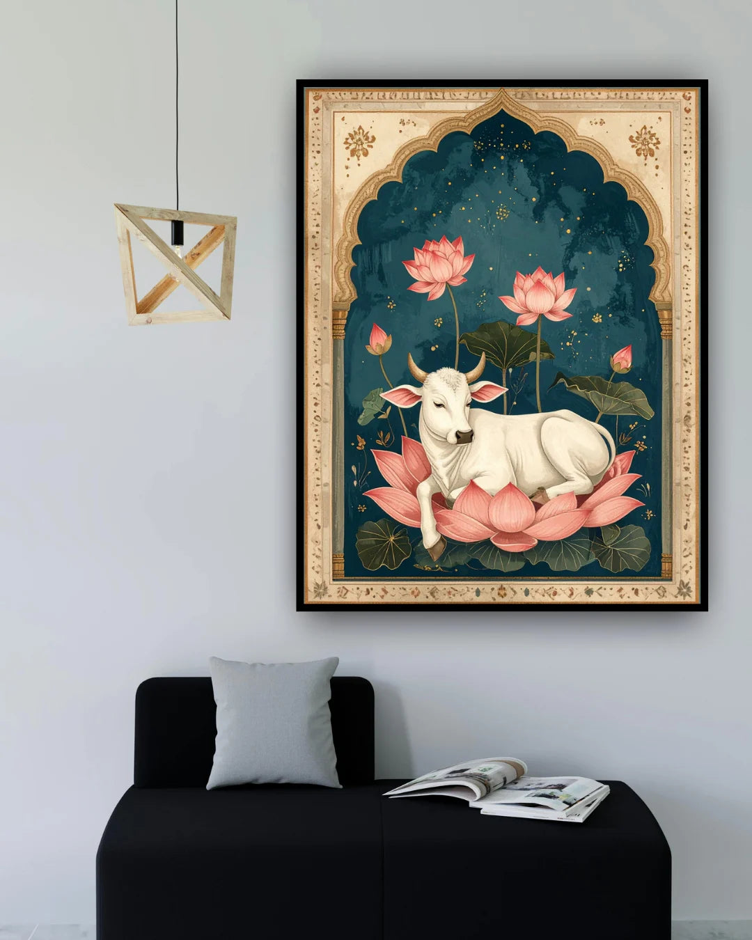 Traditional lotus wall art canvas displayed on a bedroom wall in a calm interior
