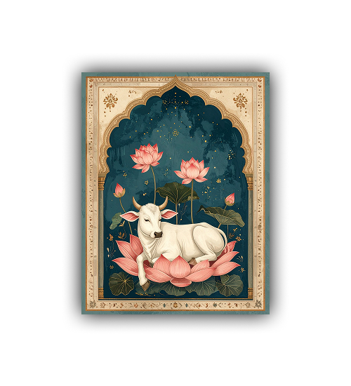 Close-up view of traditional lotus wall art canvas painting with detailed artwork
