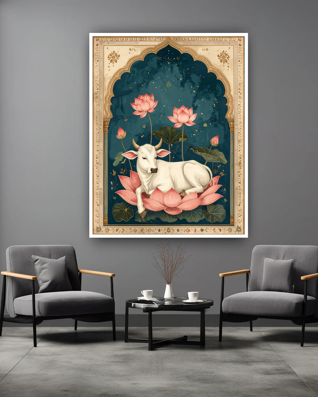 Traditional lotus wall art canvas displayed in a formal living room interior
