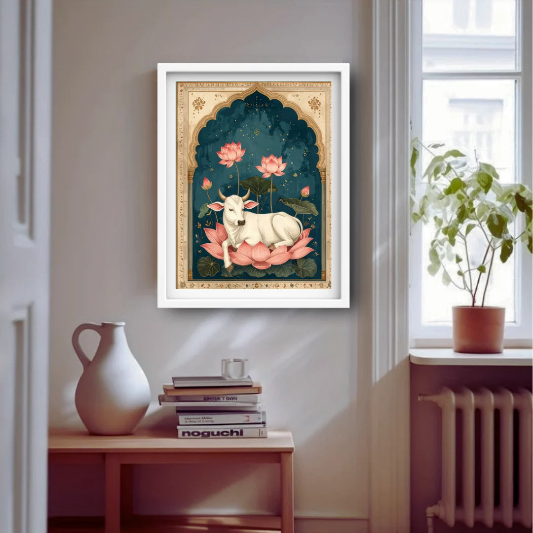 Traditional lotus wall art canvas displayed above a side table in a stylish interior
