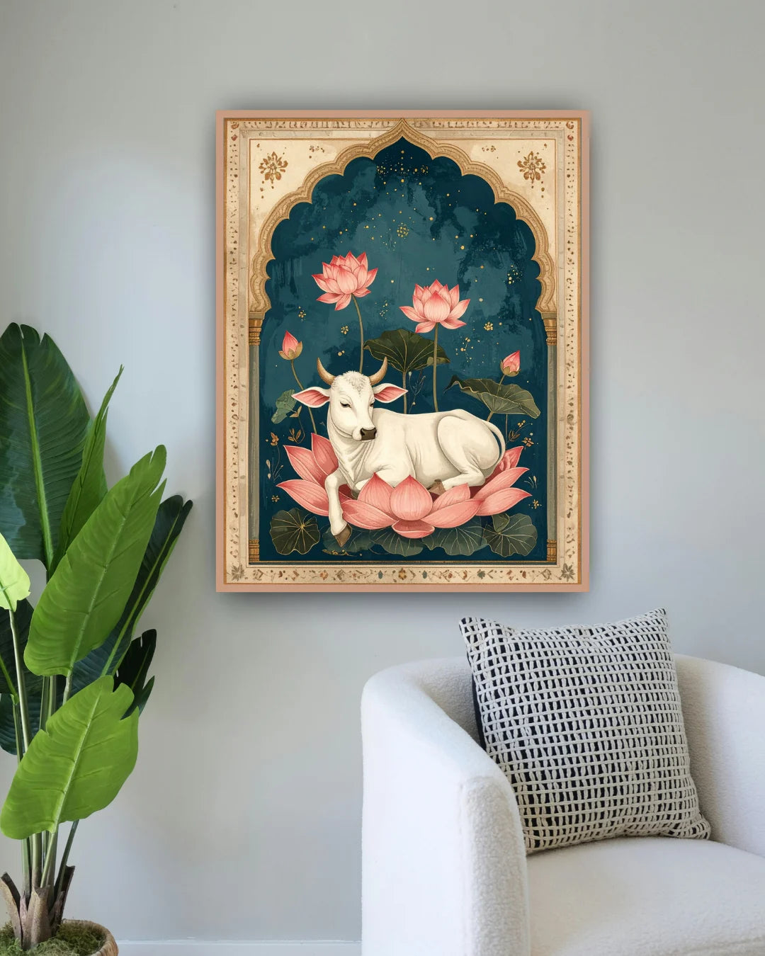 Traditional lotus wall art canvas displayed  sofa corner in a modern living room
