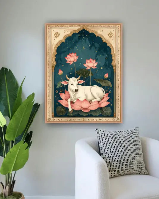 Starlit Serenity: Cow on Lotus - Wall Art Canvas