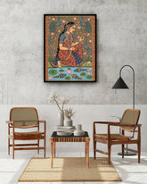 Traditional Madhubani wall art framed painting in minimal living room interior, ethnic Indian home decor