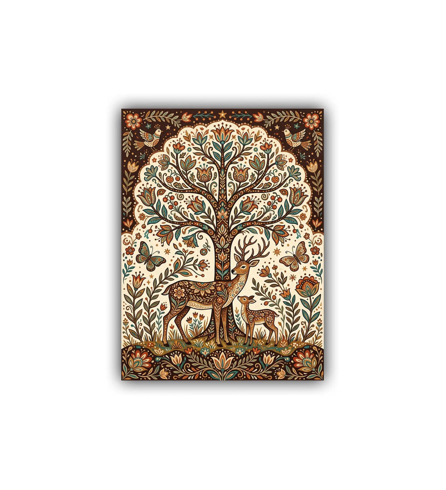 close-up of tree of life and deer canvas painting with detailed patterns