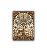 close-up of tree of life and deer canvas painting with detailed patterns
