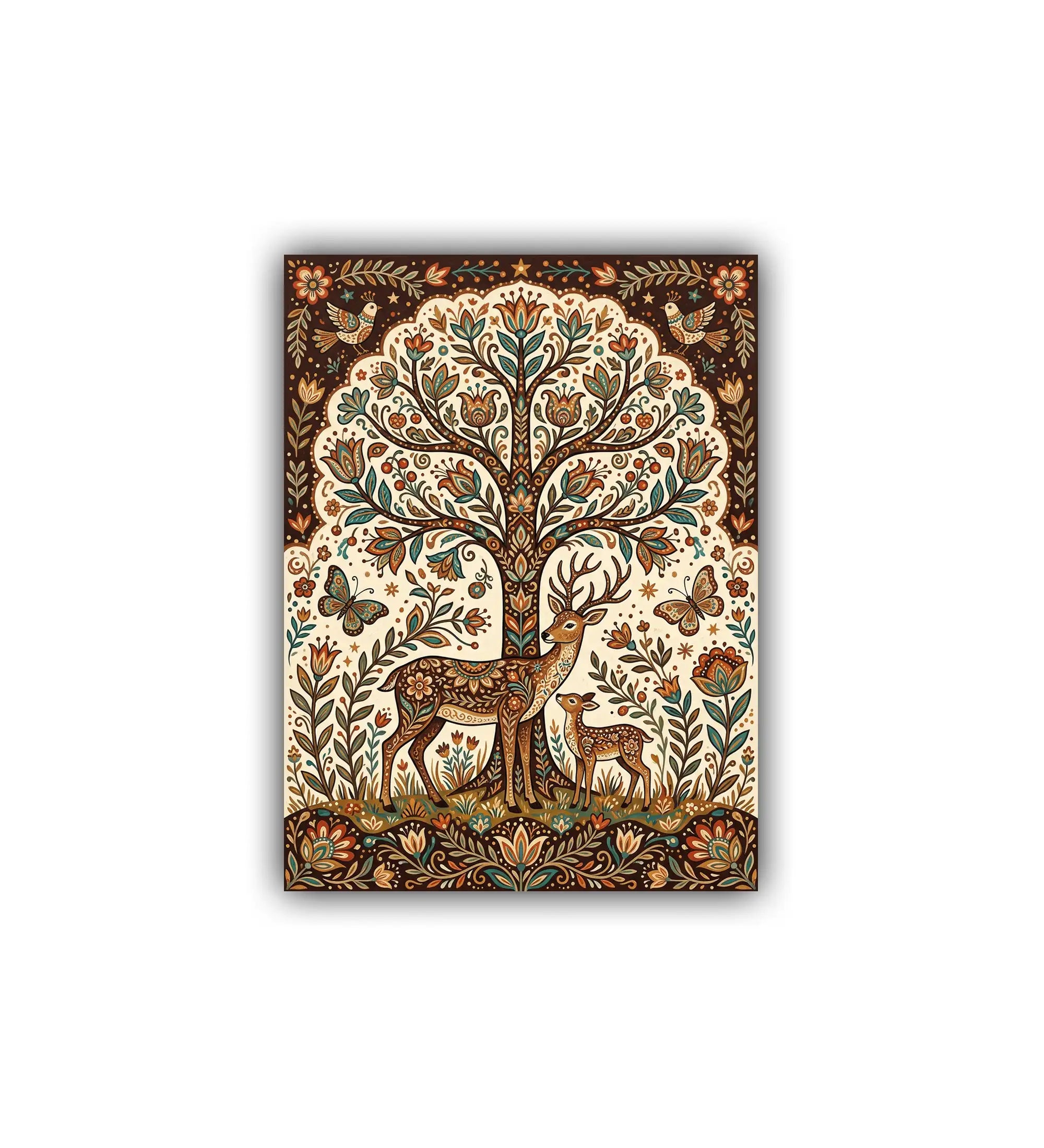 close-up of tree of life and deer canvas painting with detailed patterns