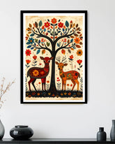 tree of life deer wall art in folk style displayed in modern living room